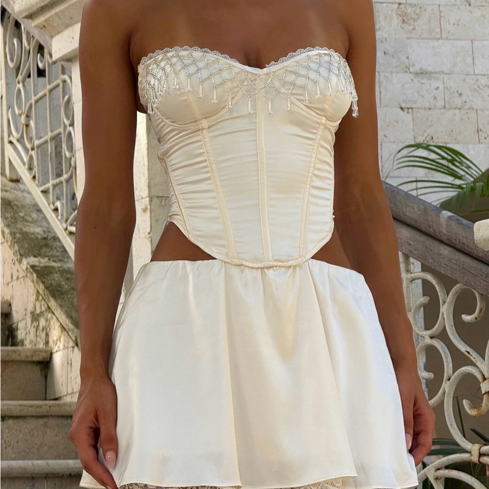 Strapless Ivory Corset Mini Dress with Beaded Trim
